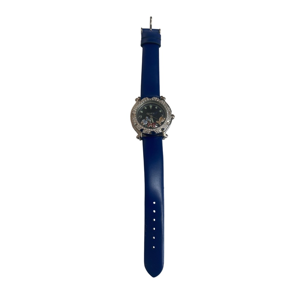 Geneva Womens Floating Butterfly Charm Watch Blue Strap Rhinestone Bezel Fashion